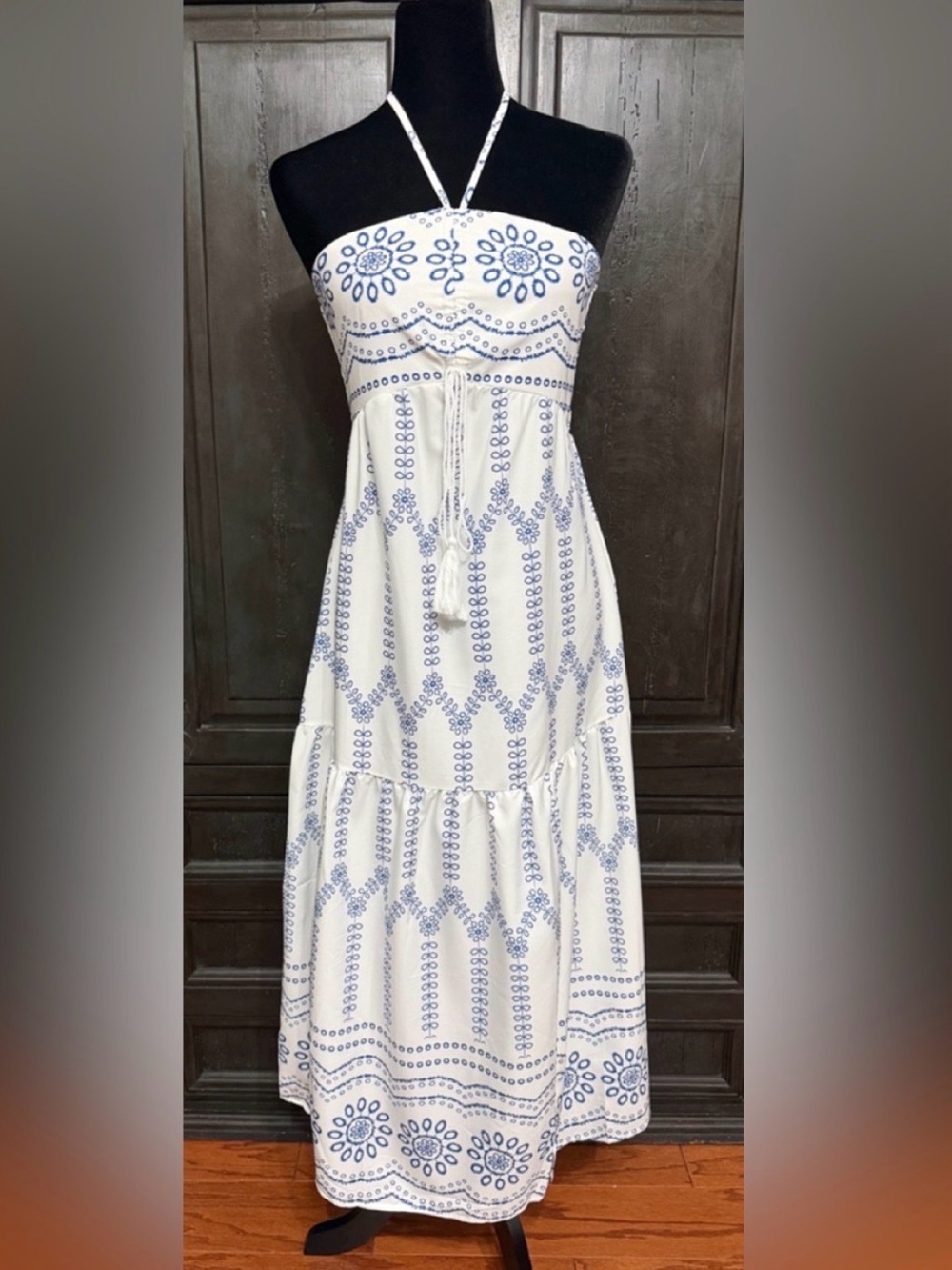 Blue & White Halter Maxi Dress with Embroidered Pattern